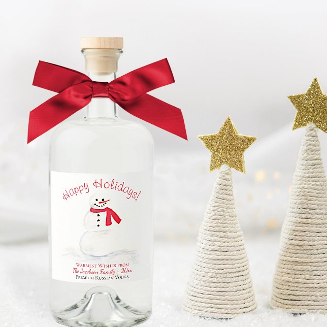 Happy Holidays Smiling Snowman Christmas Liquor Bottle Label (In Situ with Bow & Decor)