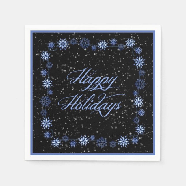 Happy Holidays Snow Blue Christmas Napkins (Front)