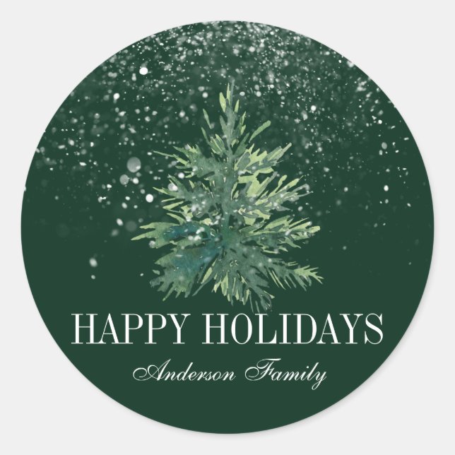 Happy Holidays Snow Christmas tree green and white Classic Round Sticker (Front)