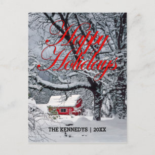 Happy Holidays - Snow covered landscape, red barn Holiday Postcard