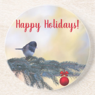 "Happy Holidays!" Snowbird in an Evergreen on a Coaster