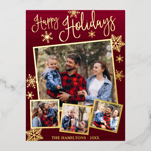 Happy Holidays Snowflake 4 Photos Collage Family Foil Holiday Postcard (Front)
