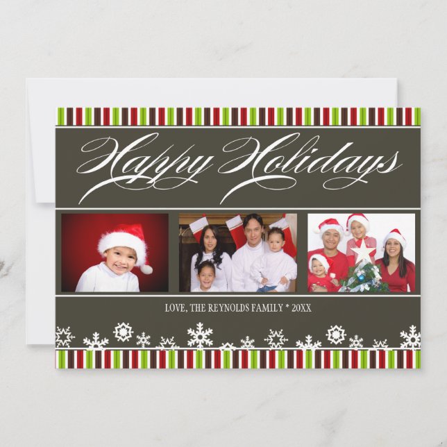 Happy Holidays Snowflake and Stripe Photo Card (Front)