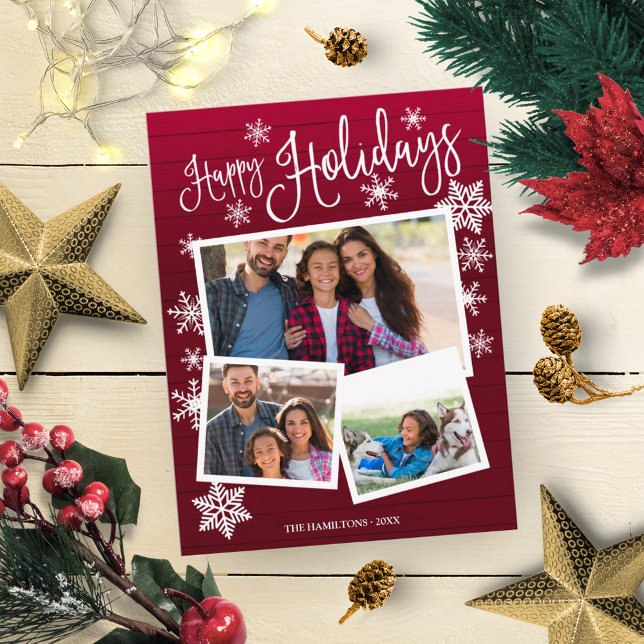 Happy Holidays Snowflake Rustic 3 Photos Collage Postcard (Creator Uploaded)