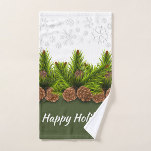 Happy Holidays Snowflakes and Pinecones  Hand Towel