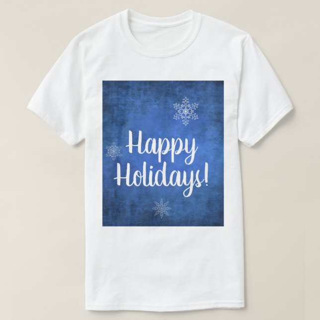 Happy Holidays Snowflakes on Blue T-Shirt (Design Front)
