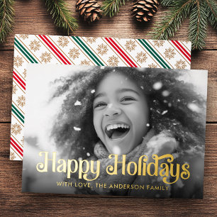 Happy Holidays snowflakes red green stripes photo Foil Holiday Card