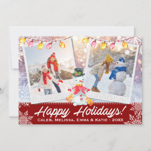 Happy Holidays Snowman 2-Photo Collage   Red White Holiday Card