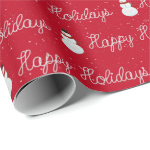 Happy Holidays snowman and rope text on red Wrapping Paper