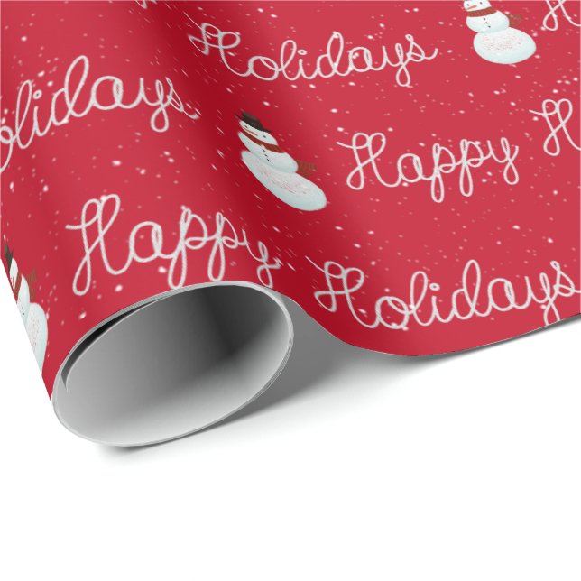 Happy Holidays snowman and rope text on red Wrapping Paper (Roll Corner)
