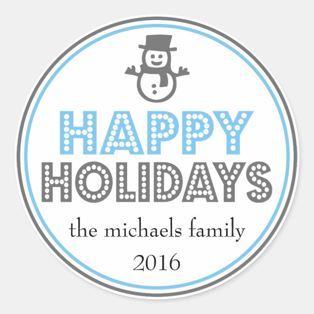Happy Holidays Snowman Favour Sticker (Blue / Grey (Front)
