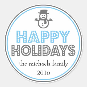 Happy Holidays Snowman Favour Sticker (Blue / Grey