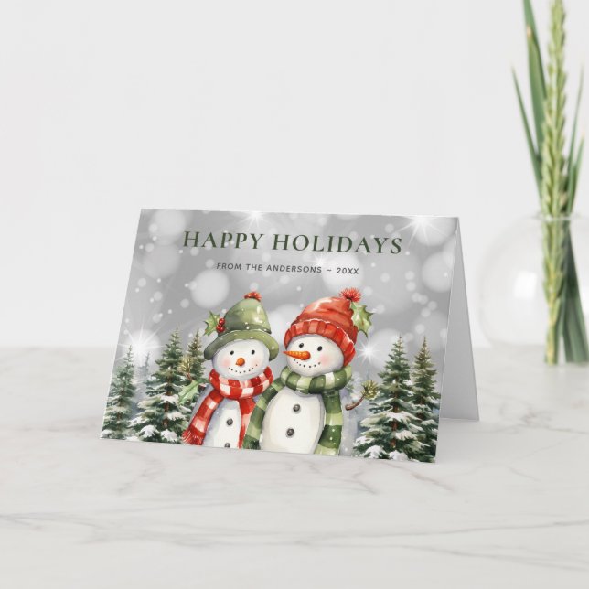 Happy Holidays Snowman Forest Poinsettia Holiday Card (Front)