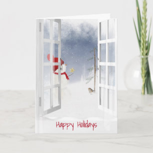Happy Holidays snowman in window Card