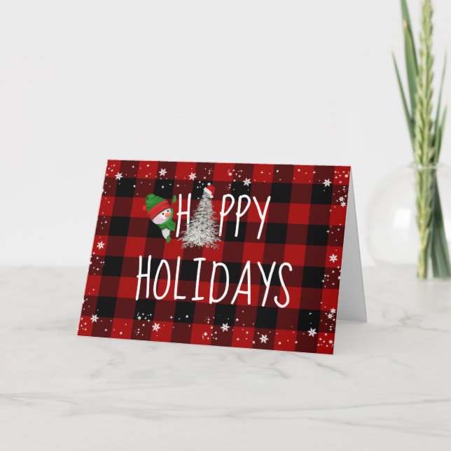 Happy Holidays Snowman on Buffalo Plaid Holiday Card (Front)
