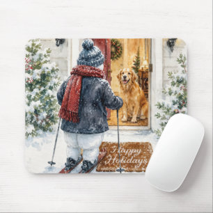Happy Holidays Snowman on Skis Mouse Mat