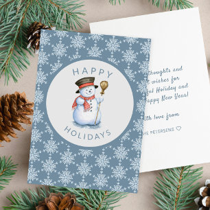 Happy Holidays snowman snow blue white Holiday Card