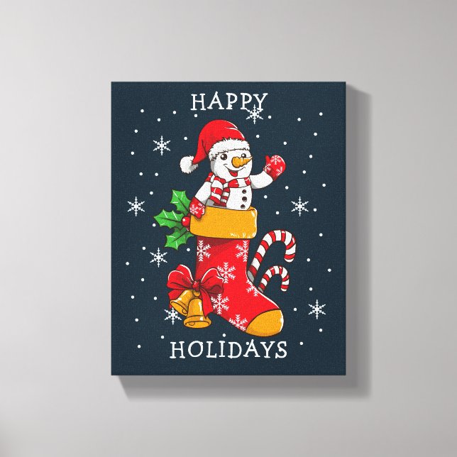 Happy Holidays Snowman Stockings Candy Canes Canvas Print (Front)