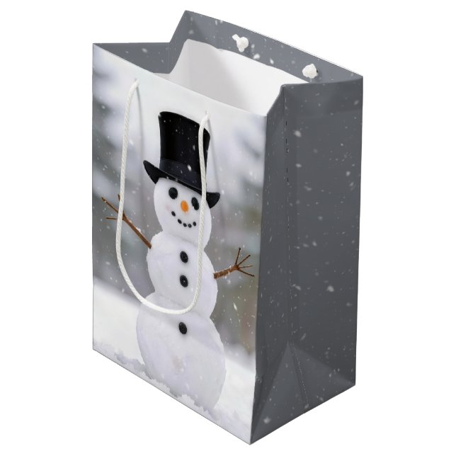 Happy Holidays Snowman Wearing a Top Hat Medium Gift Bag (Front Angled)