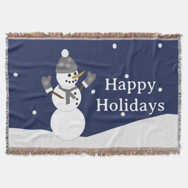 Happy Holidays Snowman with mittens Throw Blanket (Front)