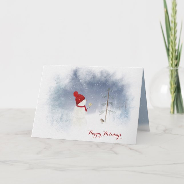 Happy Holidays snowman with star ornament Holiday Card (Front)