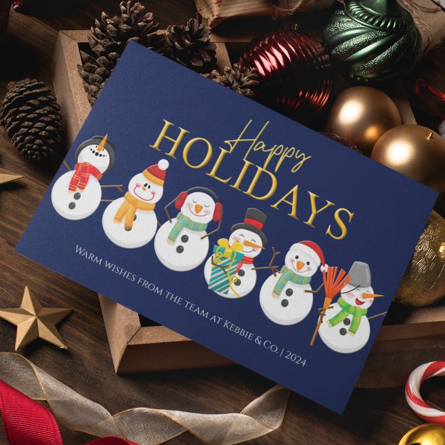 Happy Holidays Snowmen Blue Corporate Christmas Holiday Card (Customer Business Modern Snowman Corporate Christmas Holiday Card)