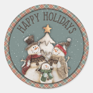 Happy Holidays Snowmen Classic Round Sticker