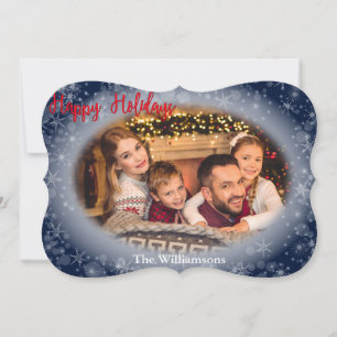 Happy Holidays Snowy Blue Photo Fancy Christmas Holiday Card