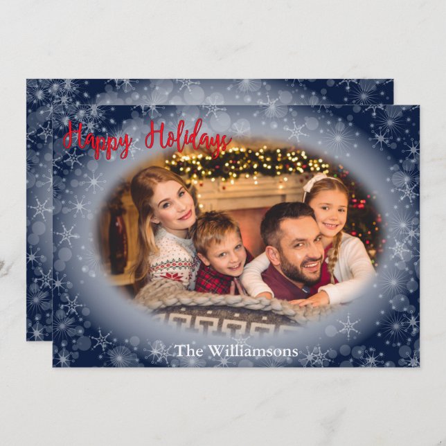 Happy Holidays Snowy Blue Photo Frame Christmas Holiday Card (Front/Back)