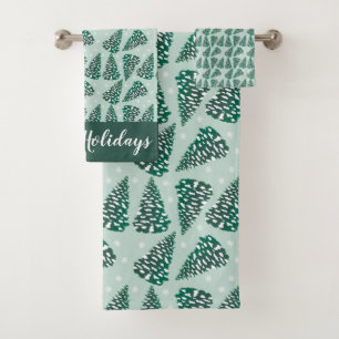 Happy Holidays Snowy Christmas Tree Pattern Bath Towel Set