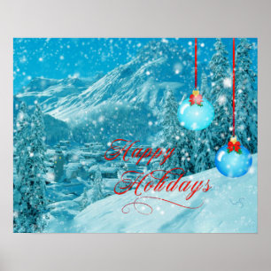 Happy Holidays Snowy Mountain Winter Village Poster