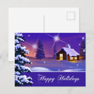 Happy Holidays. Snowy Village Painting Christmas Postcard