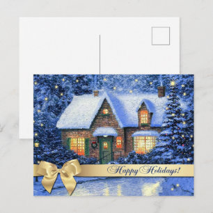 Happy Holidays. Snowy Village Painting Christmas Postcard