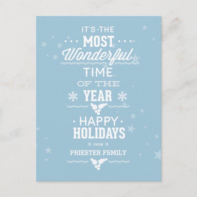 Happy Holidays Soft Blue And White Text Design Holiday Postcard (Front)