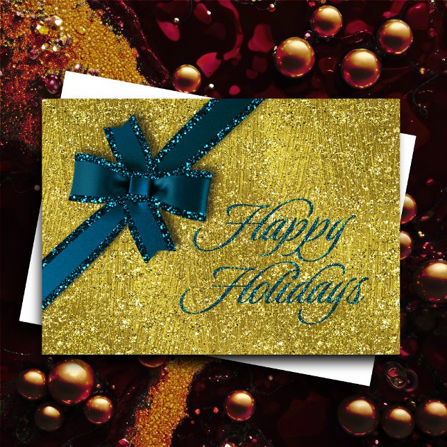 Happy Holidays Sparkly Gold w Teal Glittery Bow Holiday Card (Creator Uploaded)