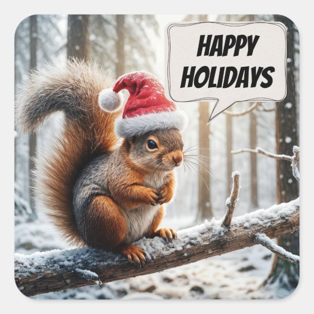 Happy Holidays Squirrel On Snowy Tree Branch Square Sticker (Front)