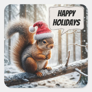 Happy Holidays Squirrel On Snowy Tree Branch Square Sticker