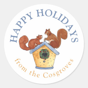 Happy Holidays Squirrels and Birdhouse Classic Round Sticker