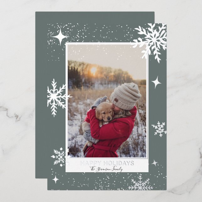 Happy holidays stars snow blue photo foil holiday card (Front/Back)
