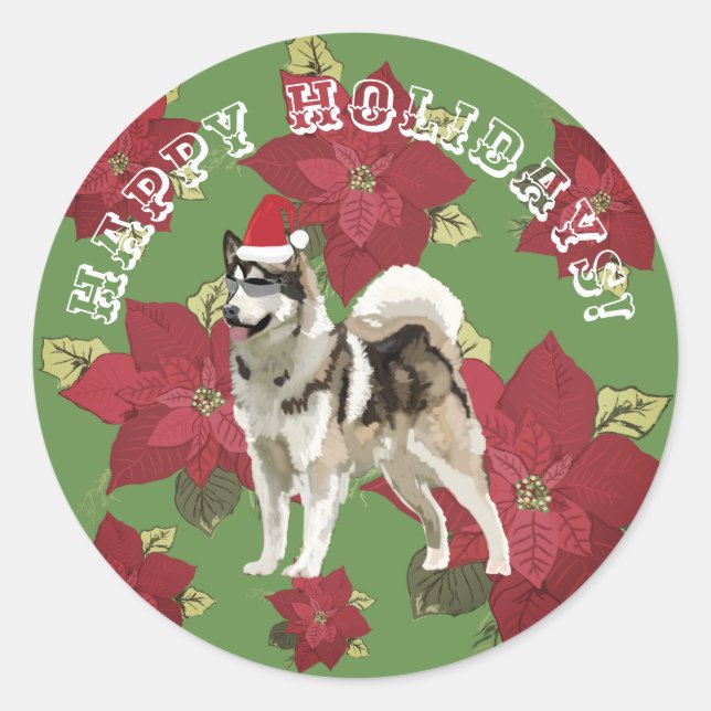 Happy Holidays Sticker, Husky ,Flowers Classic Round Sticker (Front)