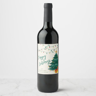 Happy Holidays String Lights Tree Cute Christmas Wine Label