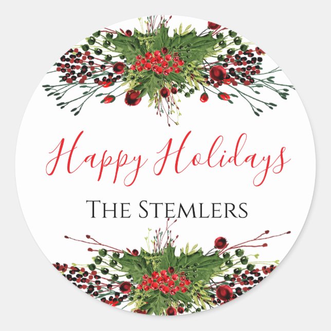 Happy Holidays Stylish Floral Wreath Stickers  (Front)