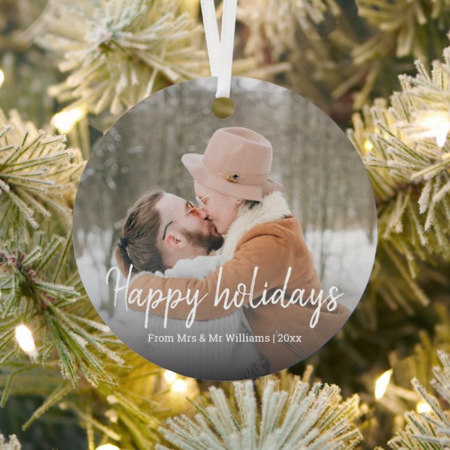 happy holidays,stylish handwriting newlyweds photo metal tree decoration (Insitu)