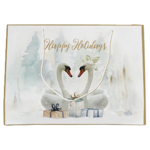Happy Holidays Swans & Gifts Watercolor Large Gift Bag