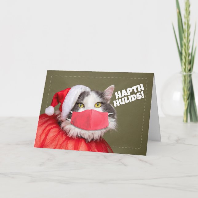 Happy Holidays Talking Cat in Face Mask Holiday Card (Front)