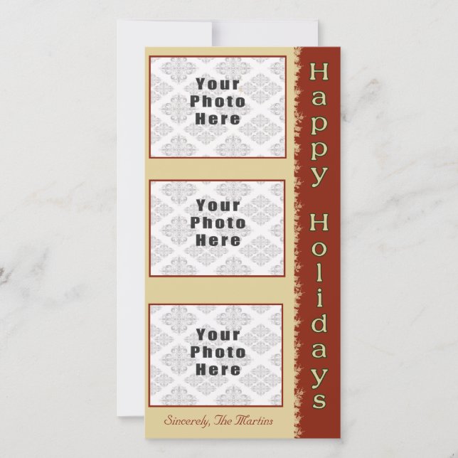 Happy Holidays Tan/Red 3 Photo 4x8 Holiday Card (Front)