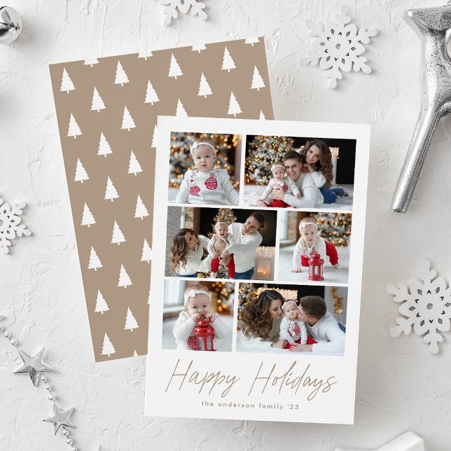 Happy Holidays Taupe Script 6 Photo Collage Holiday Card (Creator Uploaded)