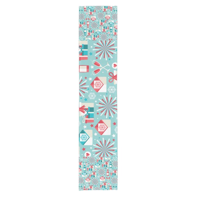Happy Holidays Teal Blue and Red Pattern Short Table Runner (Front)
