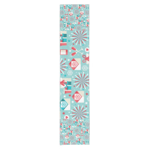 Happy Holidays Teal Blue and Red Pattern Short Table Runner