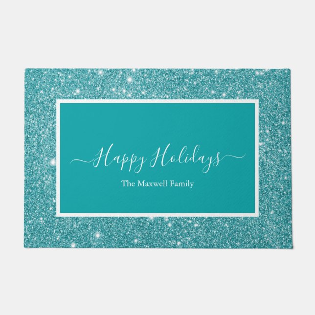 Happy Holidays teal glitter script family name  Doormat (Front)